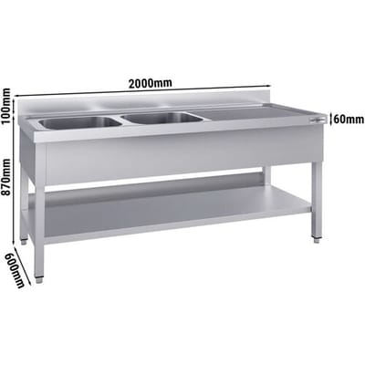 GGM Gastro Spültisch ECO - 2000x600mm - mit Grundboden - mit 2 Becken links Zilver