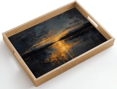 Dienblad hout 50x35 cm - Schootdienblad - Gouden Reflectie op Water - Borrelplank rechthoek - Plateau dienbladen