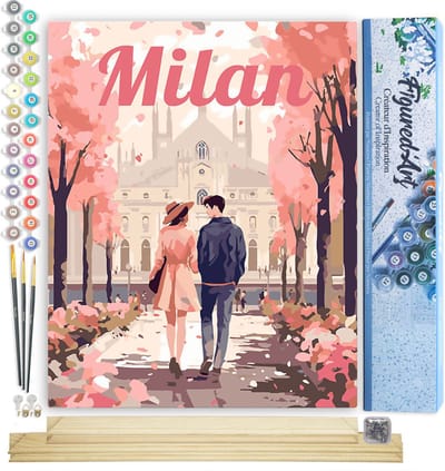 Figured'Art Schilderen op Nummer Volwassenen canvas Reisposter Milaan in Bloei - Handwerk acrylverf Kit DIY Compleet - 40x50cm met DIY houten lijst
