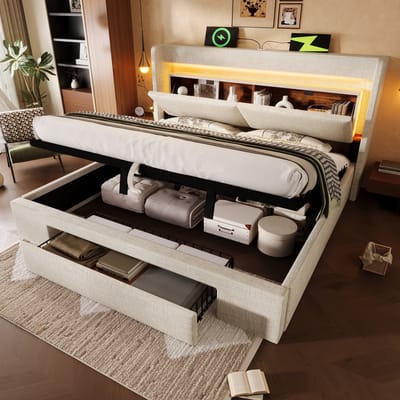 Gestoffeerd bed 180x200 cm met hydraulische opbergruimte en hoofdbord met opbergvak, ledverlichting en USB- en USB-C-poorten, lattenbodem van hout, beige, linnen, exclusief matras