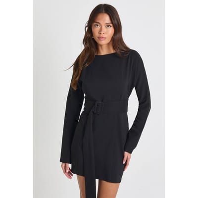 boohoo Dames Skaterjurk met lange mouwen en ceintuur | Black | Maat: 8