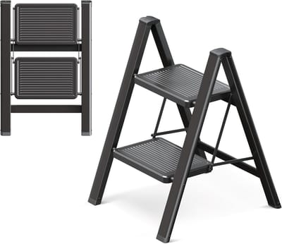 2 treden ladder, 2 treden kruk voor volwassenen, inklapbare trapladder met veilige stand, verbreed pedaal, esthetisch aantrekkelijk uiterlijk, woonruimtes