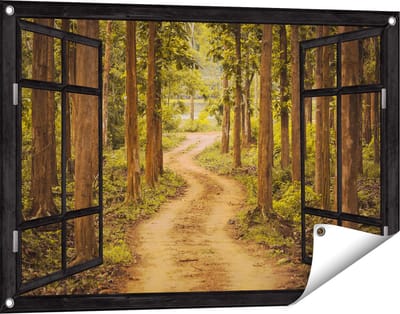 Gards Tuinposter Doorkijk Pad in het Bos met Bomen - 90x60 cm - Tuindoek - Tuindecoratie - Wanddecoratie buiten - Tuinschilderij