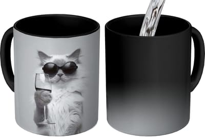 Magische Mok - Foto op Warmte Mokken - Koffiemok - Kat - Zonnebril - Wijnglas - Langharig - Magic Mok - Beker - 350 ML - Theemok