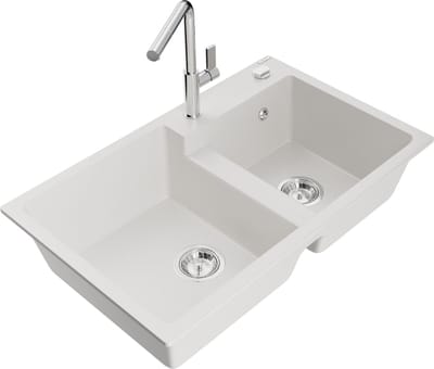 Mexen Tomas granieten gootsteen 2-kamer met keukenmengkraan Flora, wit - 6516-20-670401-00