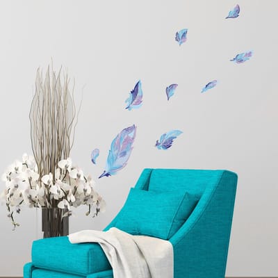 Muurstickers - Bohemian 9 Blauwe Veren - Transparante Achtergrond - 90x95cm