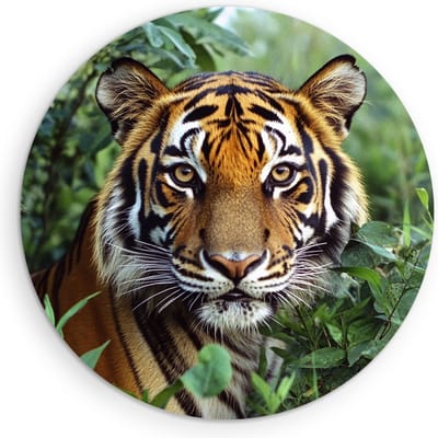 Saammp Muurcirkel Hout - Jonge Tijger tussen de Planten - Natuur - Dieren - Ø 90 - Wandcirkel - Wanddecoratie Cirkel - muurdecoratie Woonkamer - Slaapkamer decoratie - Rond Schilderij