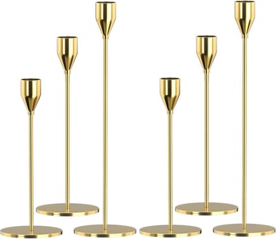 Metalen Kandelaars - Kaarshouders Set - Sfeervolle Decoratie - Drie Verschillende Hoogtes - Set van 6 - Goud