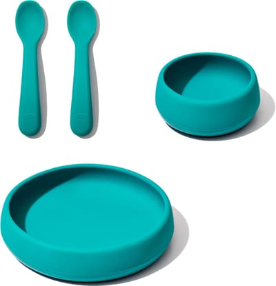 OXO Tot baby servies - silicone met verzwaarde bodem – baby bord + kom + 2 lepels – Kinderservies – Teal