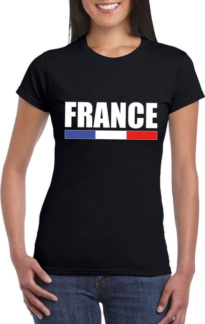 Frankrijk supporters kleding t-shirt - voor dames - zwart - met vlag kleuren print - korte mouwen S
