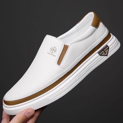 Nieuwe Heren Casual Sneakers van Echt Leer Lente Zomer Mode Slip-On Witte Schoenen Zachte Zool Comfortabel voor Dagelijks Gebruik 38 white