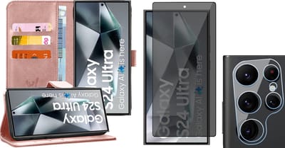 Hoesje geschikt voor Samsung Galaxy S24 Ultra - Privacy Screenprotector Volledig Dekkend Glas & Camera - Portemonnee Book Case Rosegoud