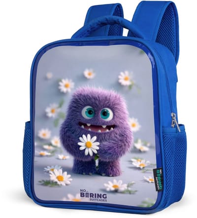 NoBoringSuitcases.com® - Rugzak blauw - Schooltas jongens - Paars Pluizig Vriendje met Madelief - Kinder rugtas jongen - Boekentas kind - Kinderrugzak voor school - Schoolrugzak