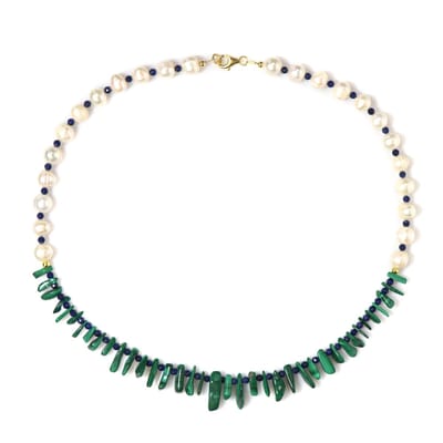Cavill - 925 Sterling Zilver Halsketting - Malachiet 49,34 ct & Lapis Lazuli 9,405 ct - Elegant Multilaags Edelsteen Ketting met Zoetwaterparels
