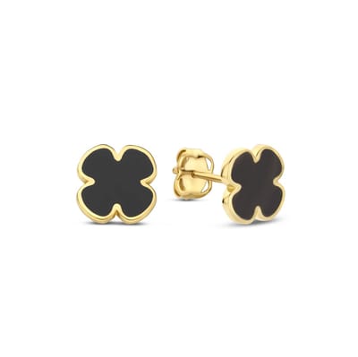 New Bling - 9NBG-0875 - 14K geelgouden Oorknoppen – Klaver met Zwarte Epoxy – Dames Oorbellen