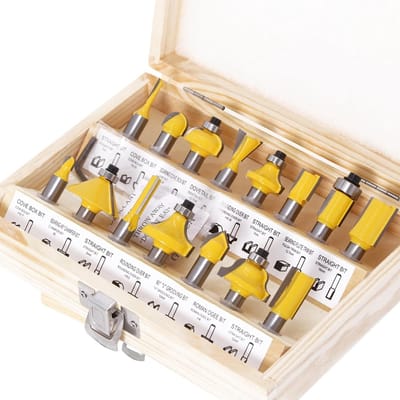 Set van 15 frezen voor houtbewerking – 8 mm routerfrezen – ideaal voor beginners – professionele kwaliteit met houten opbergdoos