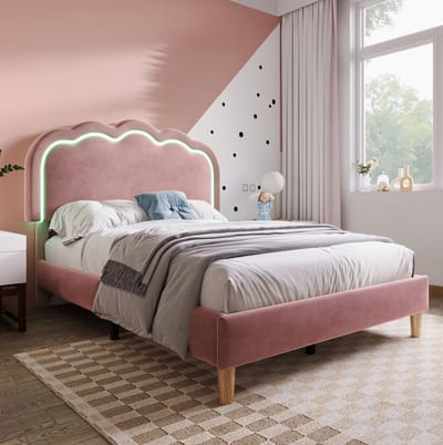 MEUNIQ eenpersoons bedframe 90 x 200 cm met lattenbodem, verstelbaar LED-hoofdbord, roze gestoffeerd bed voor slaapkamer of logeerkamer