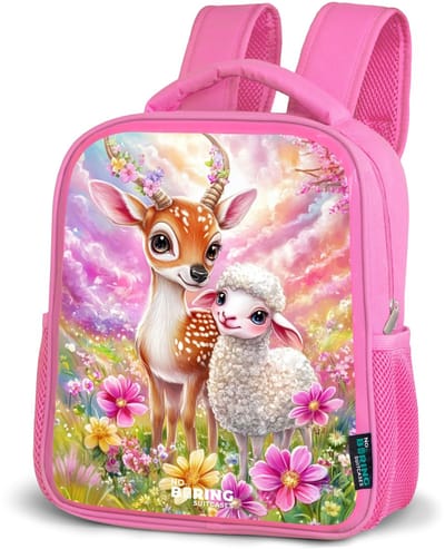 NoBoringSuitcases.com® - Rugzak roze - Schooltas meisjes - Hertje met een lammetje in pastelbloemenveld - Kinder rugtas meisje - Boekentas kind - Kinderrugzak voor school - Schoolrugzak