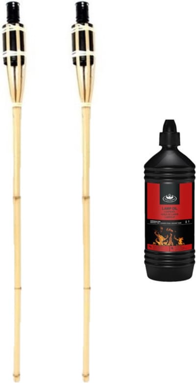 2x Bamboe tuinfakkel 90 cm inclusief heldere lampolie/fakkelolie 1 liter - tuindecoratie fakkels