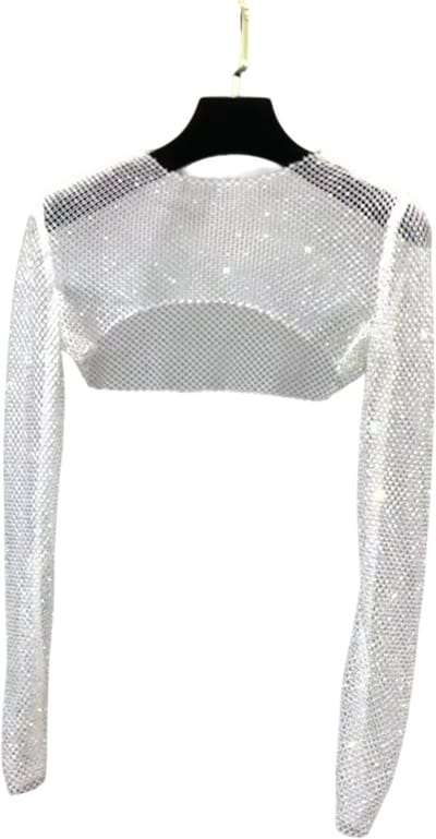 Glitter Mesh Top Dames – Strass Net Shirt, Transparante Lange Mouw Zomer Cover-Up, Glitter Top Dames Party & Festival Kleding met Pailletten - Wit