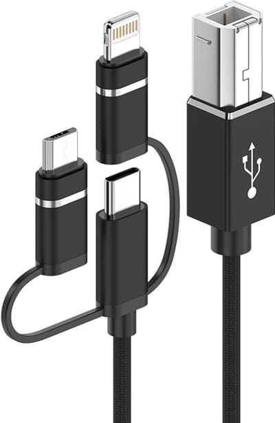 3 IN 1 - 8-Pin + USB-C + Micro-USB naar USB-B MIDI (Micro-B) kabel adapter voor o.a. keyboard en printer geschikt voor iPhone en iPad - 1 Meter - zwart