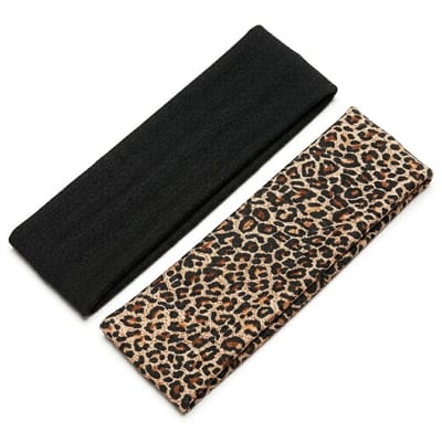 Zwarte luipaardprint sport hoofdband set voor dames – 2 delige elastische haarband set met luipaard patroon en effen ontwerp – sport hoofdbanden voor hardlopen, yoga, fitness en training