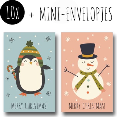 10x Kerst Minikaartjes + Mini-envelopjes | MERRY CHRISTMAS | pinguïn & sneeuwpop | kleine kaartjes met kraft enveloppen