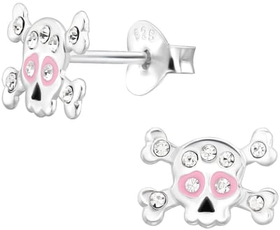 Joy|S - Zilveren skull oorbellen - doodskop - 10 x 7 mm - zilver met roze oogjes - kristal - halloween oorbellen