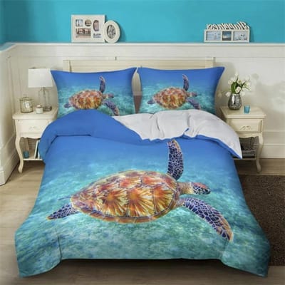 3D Zeeschildpad Beddengoed Set Oceaan Dekbedovertrek Set Teal Mediterrane Stijl Dekbedovertrek Queen King Twin Maat Slaapkamer Decoratie 200x200cm