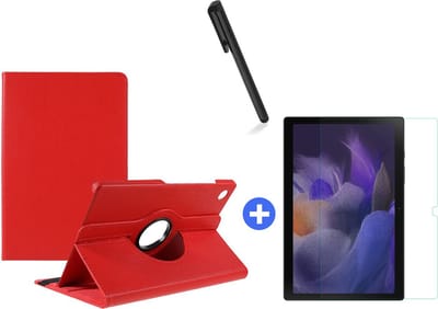 Hoesje Geschikt Voor Samsung Galaxy Tab A8 Hoes 10.5 inch 2021 draaibare hoesje - Rood + tempered glass screenprotector + stulus pen