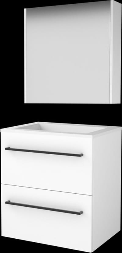 Basic Comfort 46 badmeubelset met spiegelkast, wastafelonderkast met grepen, 2 lades en acryl wastafel zonder kraangaten 60 x 46 cm, ice white
