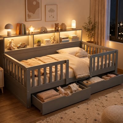 Kinderbed 90x200 cm - Eenpersoonsbed - Multifunctioneel bed - Vloerbed - Met opbergruimte - Met veiligheidsleuning - Met lades - Met led-lichtstrip - Ruimtebesparend - Grijs