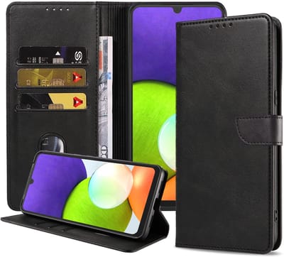 Geschikt voor Samsung Galaxy A22 4G Telefoonhoesje Kunstleer met Magnetisch lipje en Pasjeshouder Book Case met Klepje - Zwart - Smartphonica geschikt voor Samsung Galaxy A22 4G