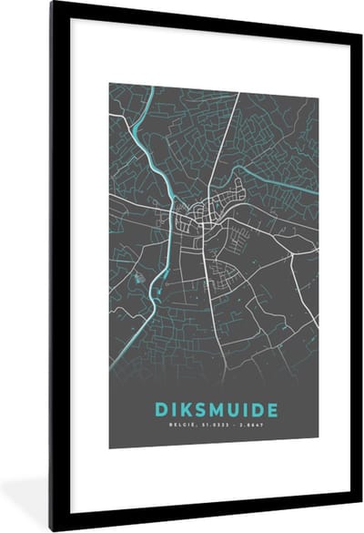 Fotolijst incl. Poster - Plattegrond – Diksmuide – Blauw – Stadskaart - Kaart - 60x90 cm - Posterlijst