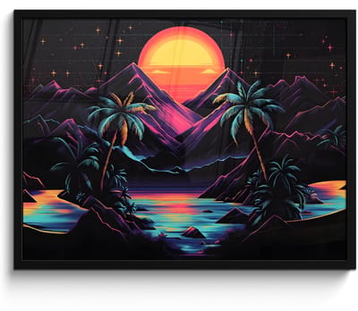 Poster in lijst - Fotolijst 70x50 cm - Posters - Palmbomen - Neonbergen - Sterrenhemel - Zon - Posterlijst zwart - Decoratie - Wanddecoratie woonkamer - Muurdecoratie slaapkamer