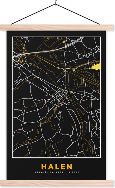 Posterhanger incl. Poster 40x60 cm - Schoolplaat - Halen - Plattegrond - Stadskaart - Kaart - Goud - Textielposter - Blanke latten - Stadskaart