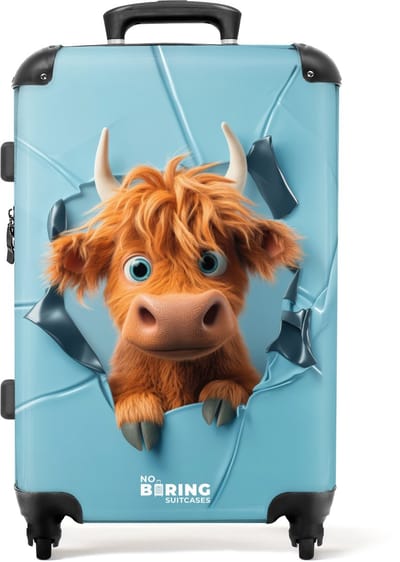 NoBoringSuitcases.com® - Kinderkoffer - Kindertrolley jongen en meisje - Cartoonachtige koe breekt door muur - Koffer kind groot - Rolkoffer lichtgewicht - Reiskoffer met 4 wielen - Grote trolley XL - 20 kg bagage