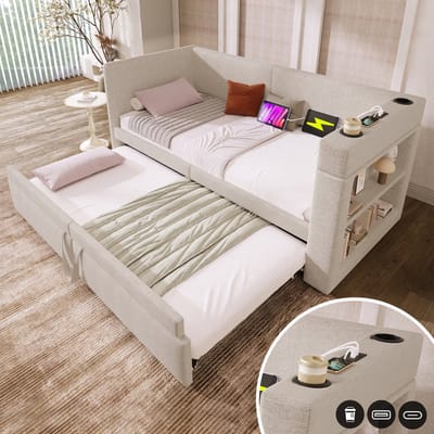MEUNIQ slaapbank 90x200 cm met uitschuifbed, USB en Type-C, bekerhouders en open vakken, dagbed van stof voor slaapkamer of logeerkamer, beige