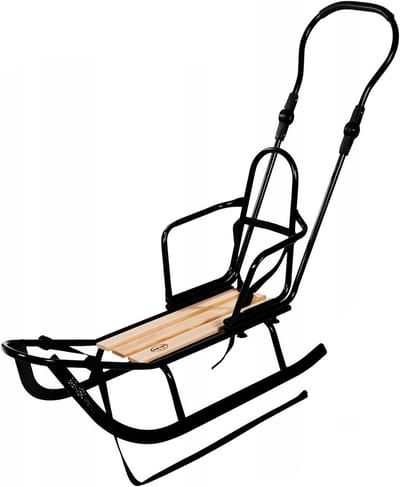 Stevige metalen slee met houten zitting, rugleuning en duwstang | Geschikt voor kinderen en volwassenen