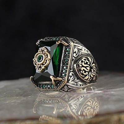 Retro handgemaakte Turkse zegelring voor mannen en vrouwen, antieke zilveren kleur, gesneden adelaarsring, groene zirkooninleg, punkmotorfietsring 13 gray