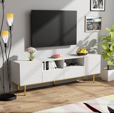 DESMIU Tv-Meubel - Modern Design Met Gouden Accenten En 2 Laden - Voor Woonkamer En Mediaopslag - Spaanplaat - 165x36x55 Cm - Wit