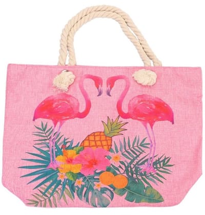 Een vrolijke strandtas in een print van flamingo's, bloemen en een ananas (50x35cm) gevoerd en afsluitbaar met een rits aan de binnenkant. Afgewerkt met twee handvaten van gedraaid touw. Een leuke tas voor uzelf of als Cadeau.