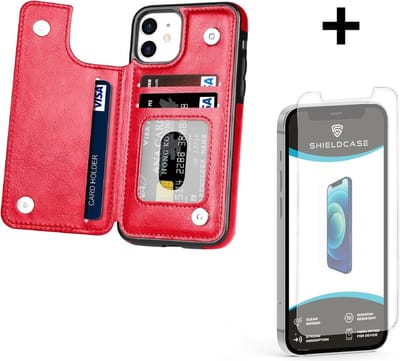 ShieldCase Wallet case geschikt voor Apple iPhone 12 / 12 Pro - 6.1 inch - ruimte voor pasjes - pasjeshouder - portemonnee - rood + glazen Screen Protector