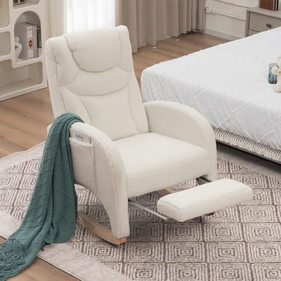 Pugsdrly Schommelstoel, relaxfauteuil, fauteuil met armleuningen, gestoffeerde schommelstoel, bijzetstoel voor de slaapkamer, Teddy-stof, draagvermogen 110 kg