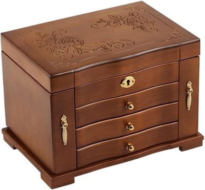 Juwelendoos Hout - Opbergdoos Sieraden - Sieraden Organiseren - Afsluitbaar met spiegel - 28x19x20cm - Houtkleur