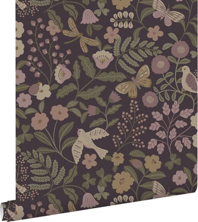 ESTAhome behang bloemen en vogels aubergine paars, olijfgroen en lila paars - 53 cm x 10.05 m - 139871