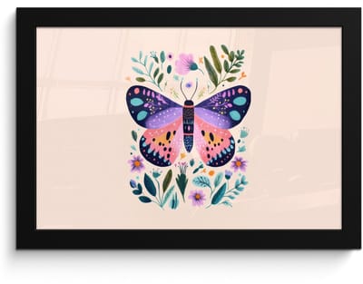 Poster in lijst - Fotolijst 30x20 cm - Posters - Bloemen - Bladeren - Vlinder - Kleurrijk - Posterlijst zwart - Decoratie - Wanddecoratie woonkamer - Muurdecoratie slaapkamer