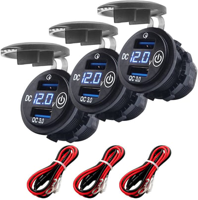 ProRide 12V USB Wandcontactdoos Inbouw - 2 USB Poorten - Voltmeter - QC3.0 - Blauw - Kabel en Zekering - 3 stuks
