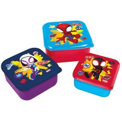 Marvel's Spidey 3-in-1 Snackdoosjes - 3 formaten - Vierkant - Sluit goed af - Lunchboxen voor kinderen - Los deksel - Geschikt voor koekjes, fruit en snacks - Paars/Rood/Lichtblauw