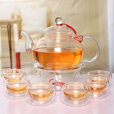 Theepot van glas 600 ml theemaker + 6 theekopjes + warmer met glazen filter en glazen deksel van hoogwaardig borosilicaatglas